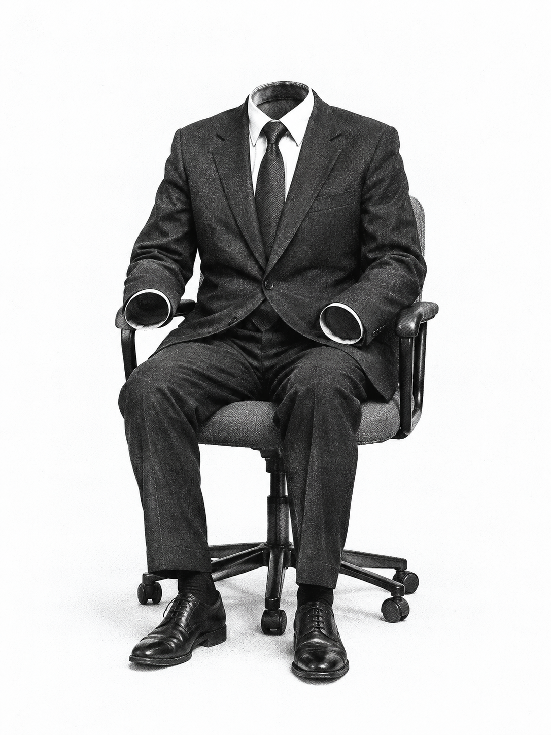 An empty business suit sitting attentively in an office chair, possibly aroused.
